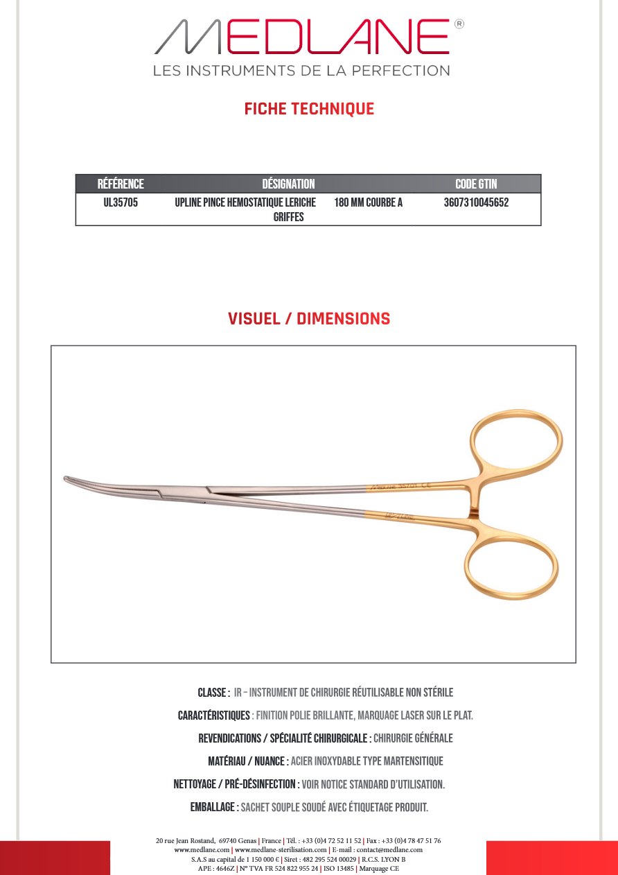 Pince Hémostatique Leriche Suedoise 140 mm C. avec Griffes Upline — REF 35705P