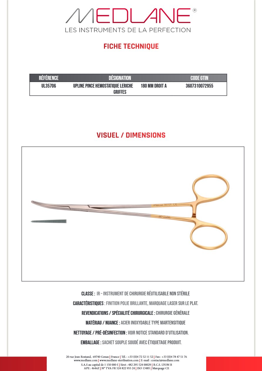 Pince Hémostatique Leriche Suedoise 140 mm C. sans Griffes Upline — REF 35706P