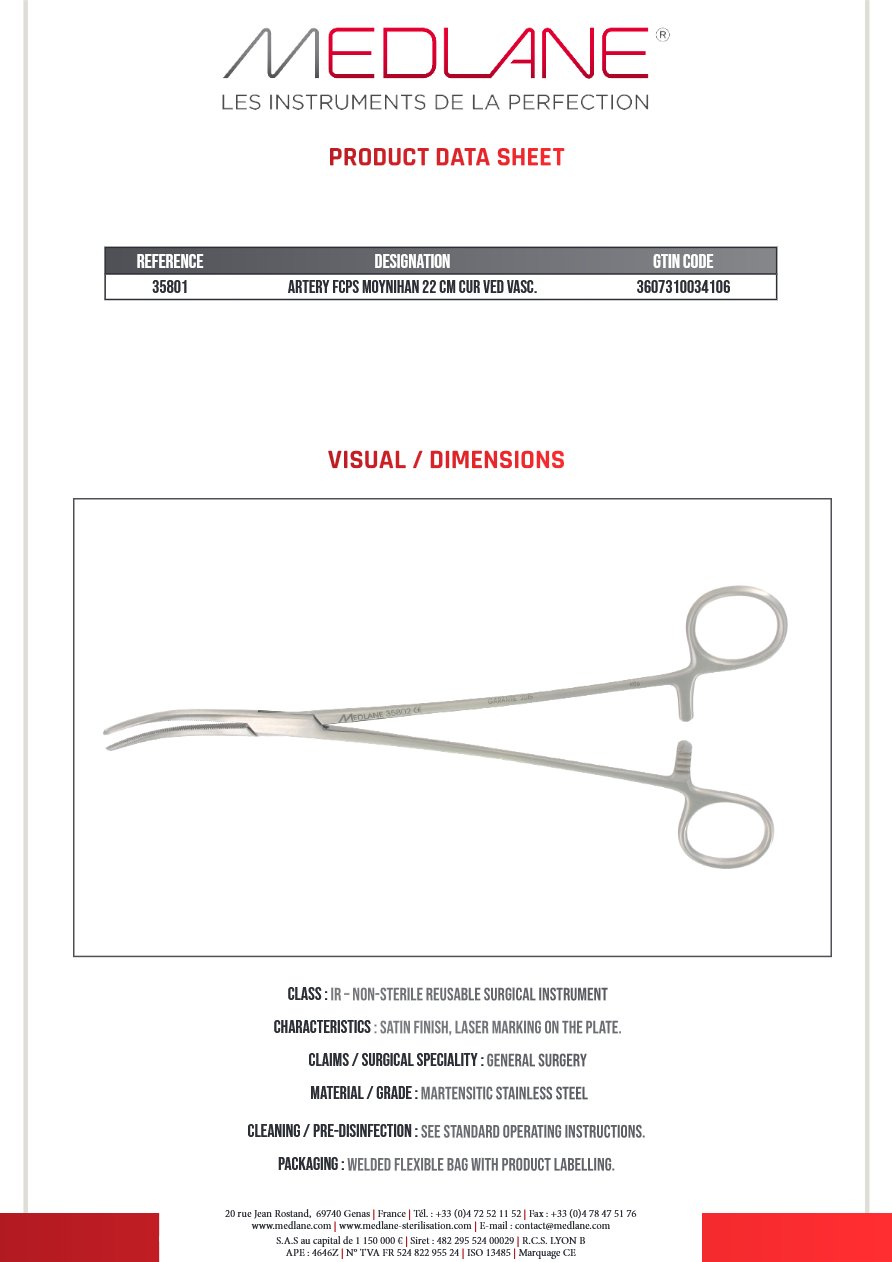 Pince Hémostatique Moynihan 220 mm Courbe Vasculaire. — REF 35801