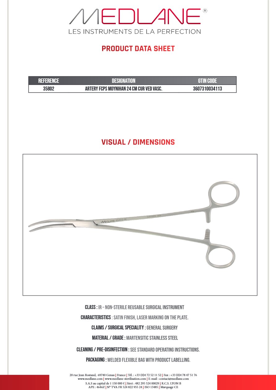 Pince Hémostatique Moynihan 240 mm Courbe Vasculaire. — REF 35802