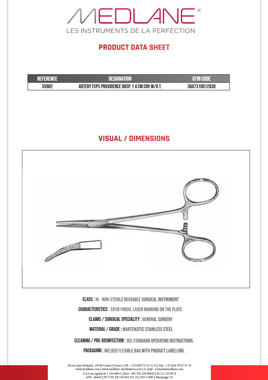Pince Hémostatique Providence Hosp. 140 mm C.sans Griffes — REF 35902