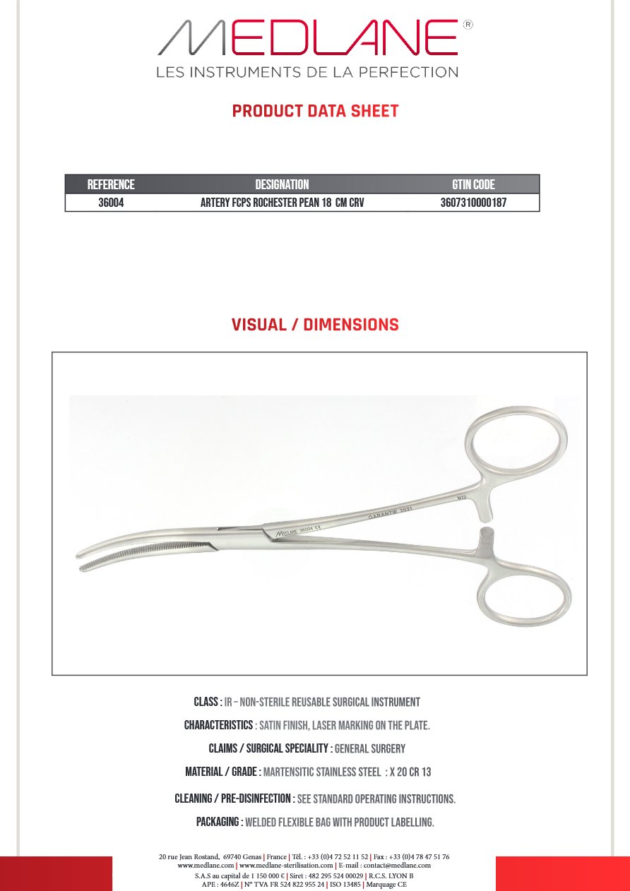 Pince Hémostatique Rochester Pean 180 mm Courbe — REF 36004P