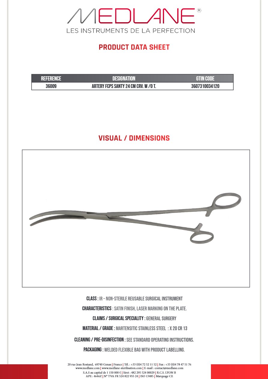 Pince Hémostatique Santy 240 mm C.sans Griffes — REF 36009P