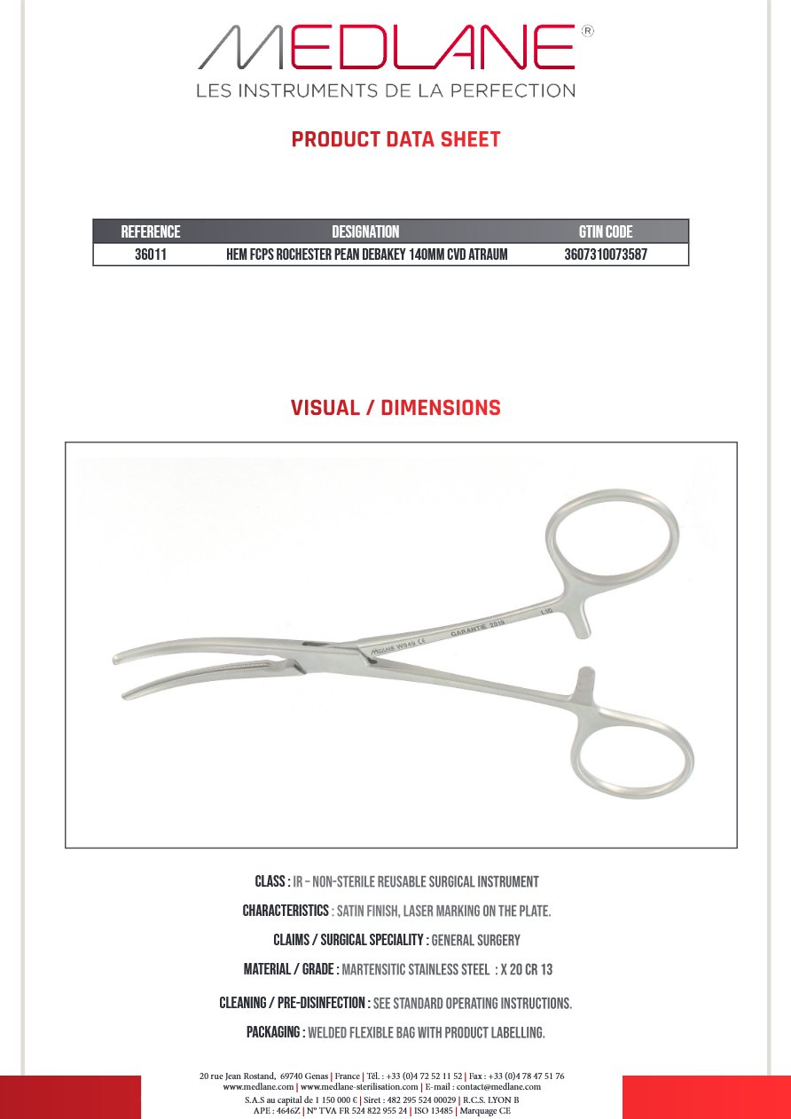 Pince Hémostatique Rochester Pean Debakey 140 mm Courbe Atrauma — REF 36011