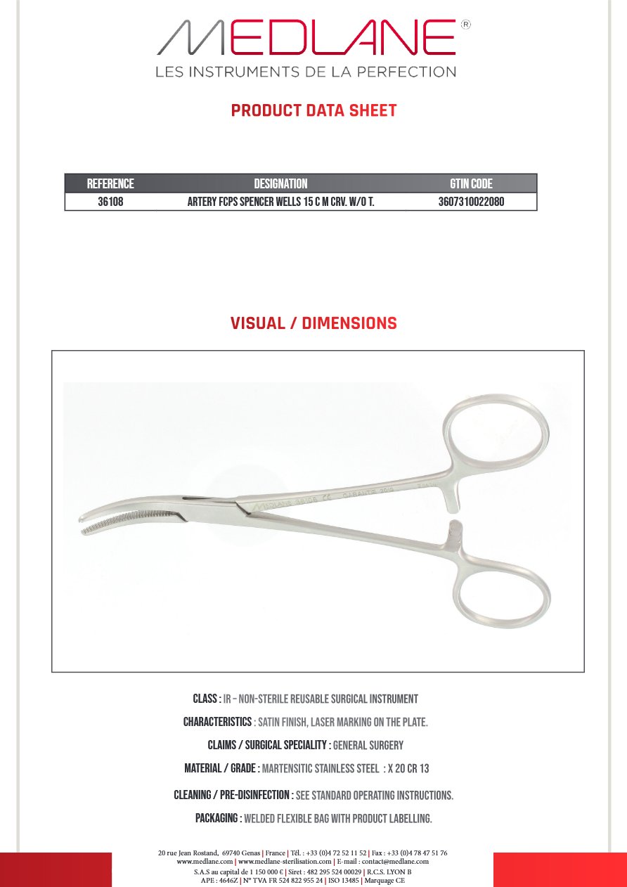 Pince Hémostatique Spencer Wells 150 mm C.sans Griffes — REF 36108