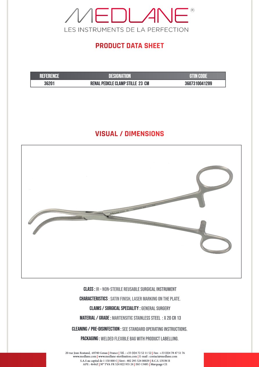 Pince Hémostatique Stille Pedicule Renale 230 mm — REF 36201