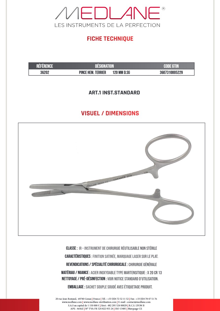 Photo produit MEDLANE : Pince Hémostatique Terrier 120 mm D. sans Griffes, référence 36202
