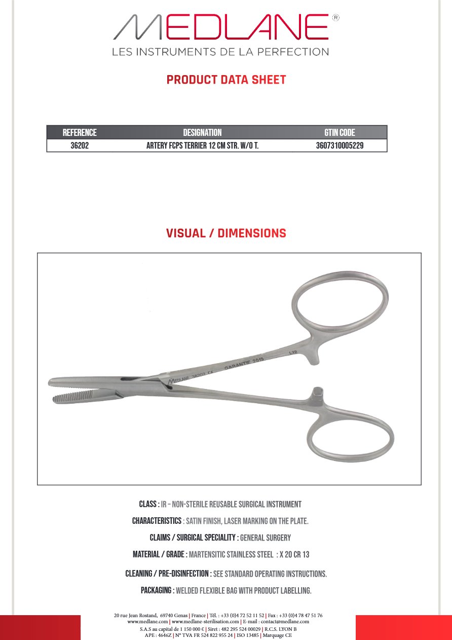 Pince Hémostatique Terrier 120 mm D.sans Griffes — REF 36202F