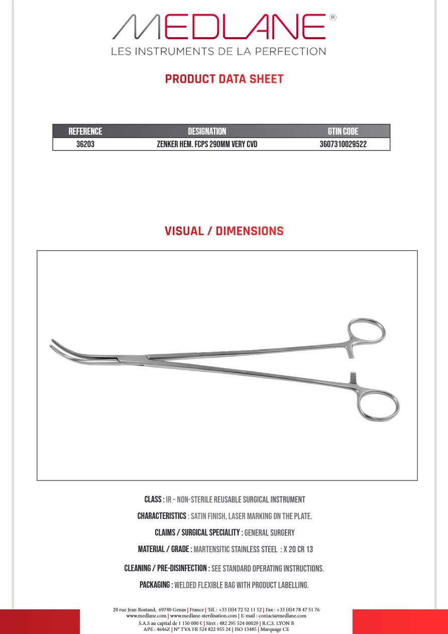Pince Hémostatique Zenker 290MM Tres Courbe — REF 36203