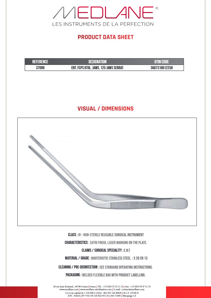 Pince O.R.L. Otologie Pans. 125 mm Stries — REF 37009