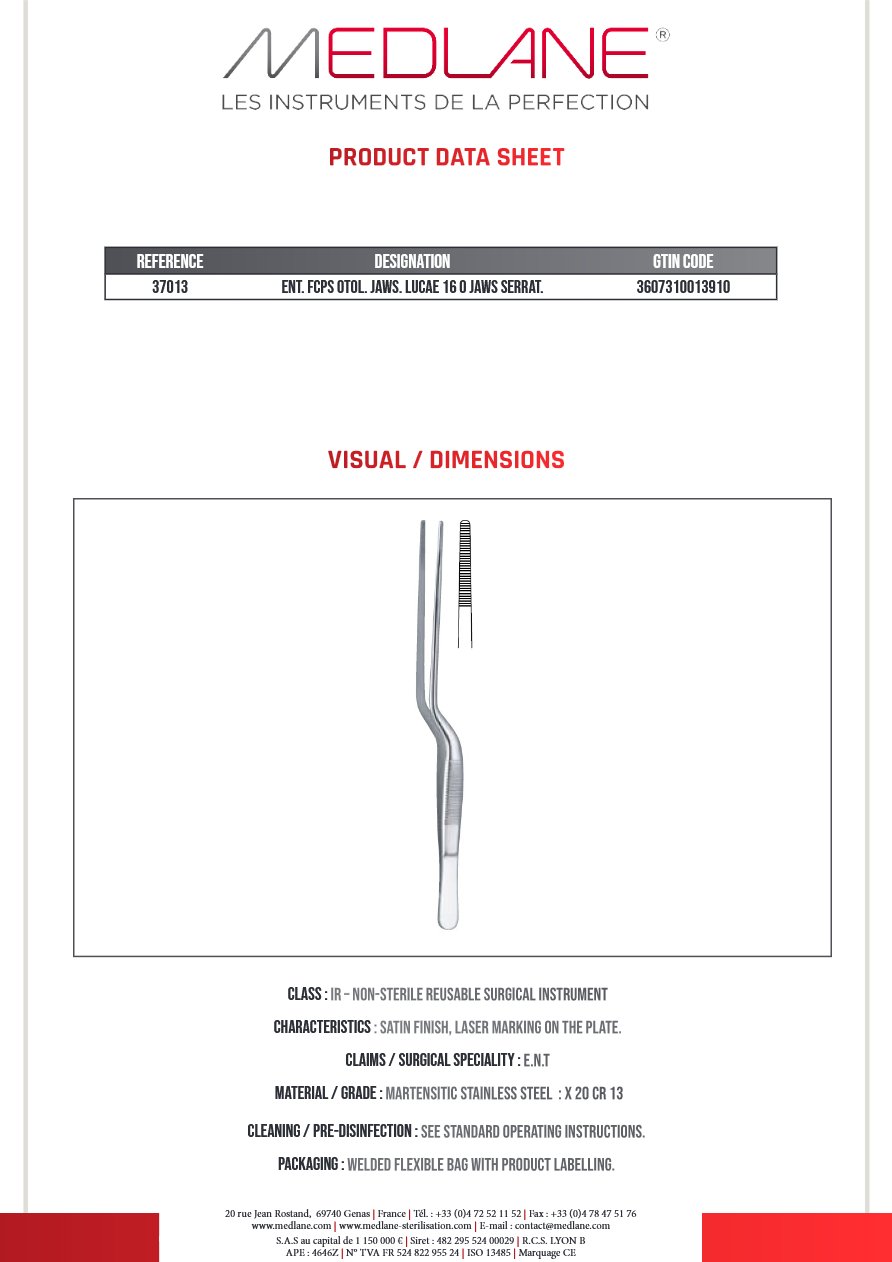 Pince O.R.L. Otologie Pans. Lucae 160 Mr Strie — REF 37013