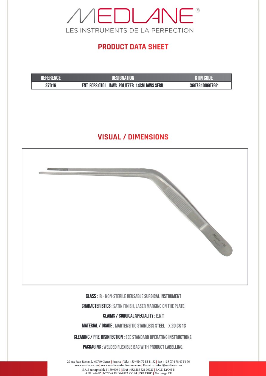 Pince O.R.L. Otologie Pans. Politzer 140 Mr Strie — REF 37016