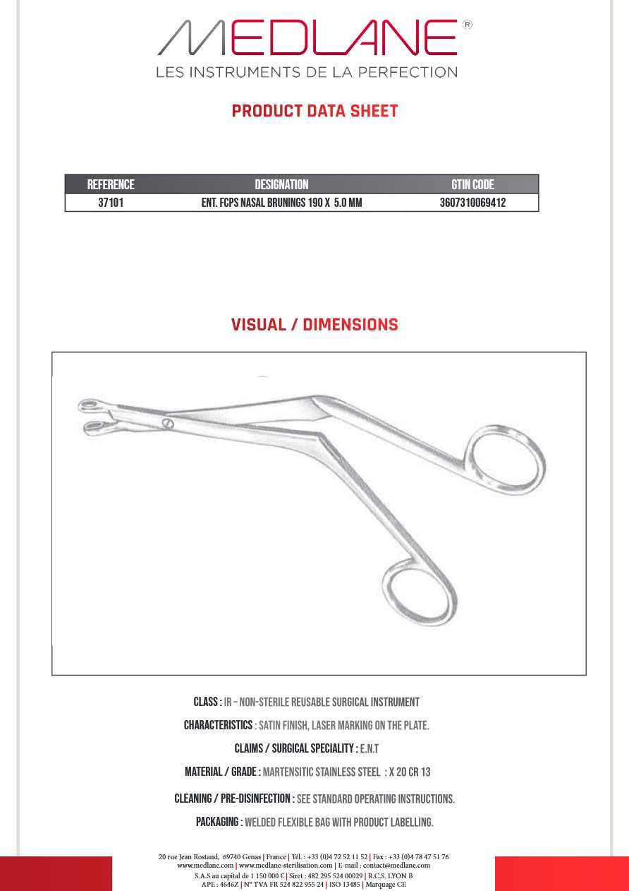 Pince O.R.L. Rhino Brunings 190 X 5.0 mm — REF 37101
