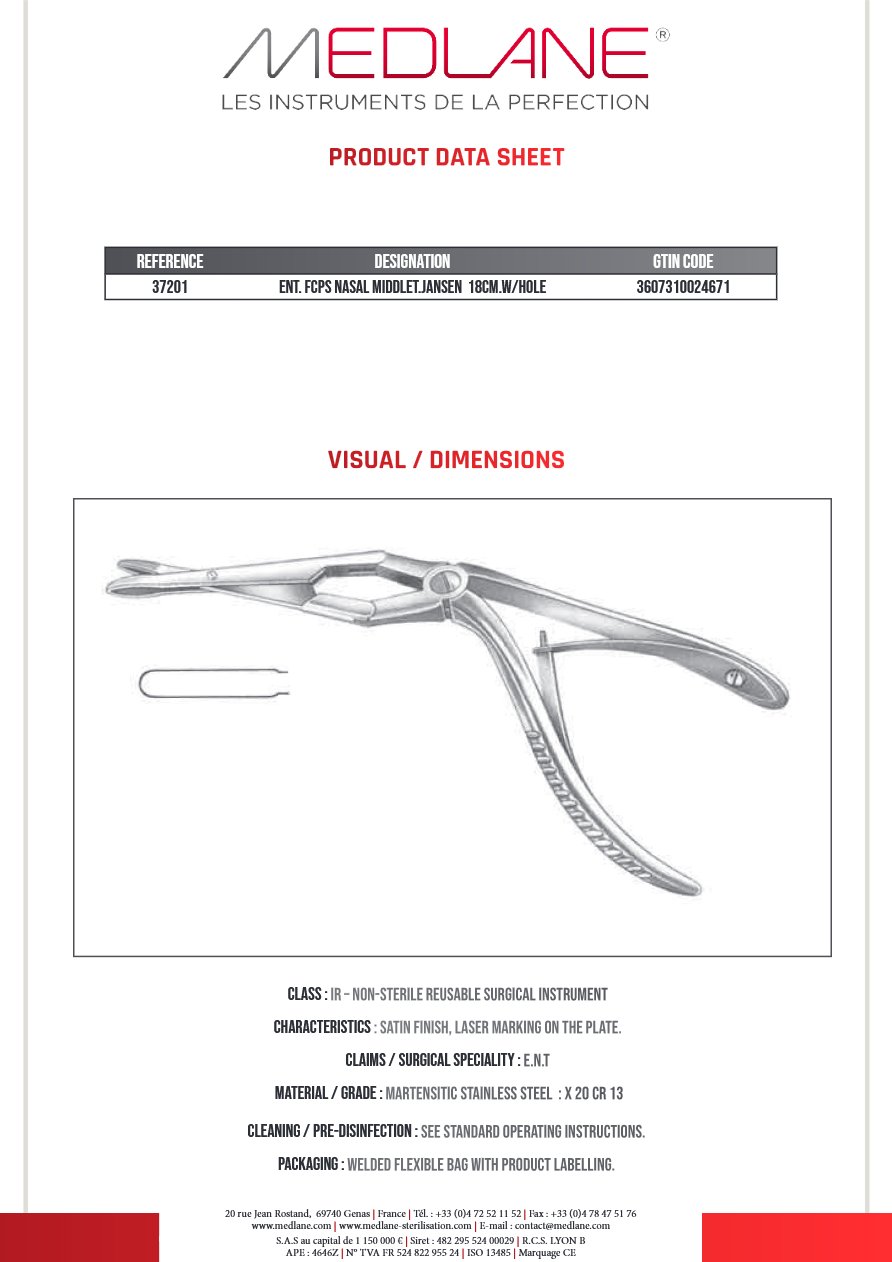 Pince O.R.L. Rhino Middlet.jansen 180 M.ajoure — REF 37201
