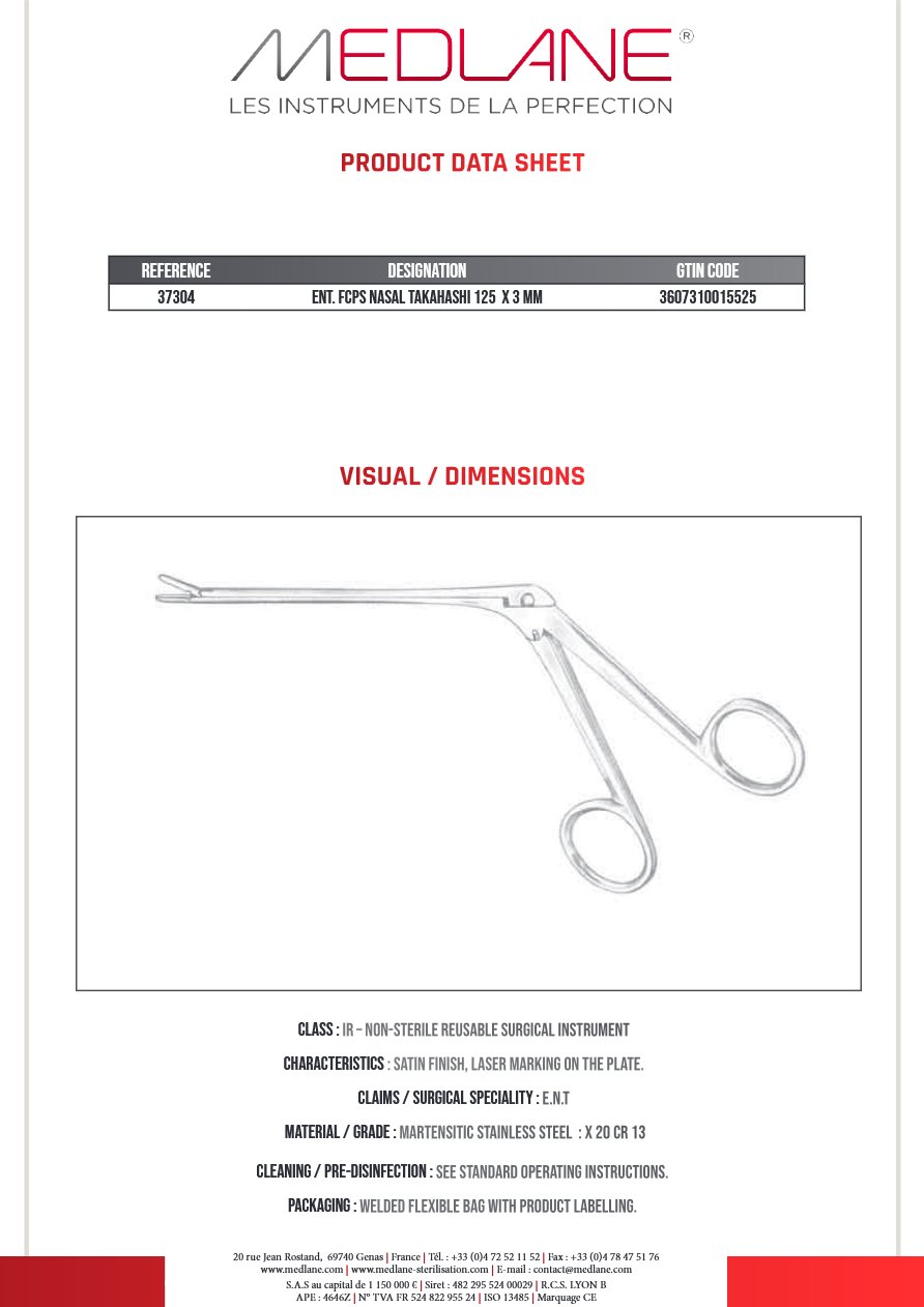 Pince O.R.L. Rhino Takahashi 125 X 3 mm Mors Droit — REF 37304