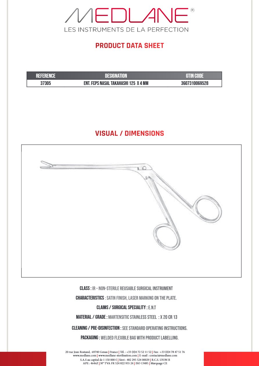 Pince O.R.L. Rhino Takahashi 125 X 4 mm Mors Droit — REF 37305