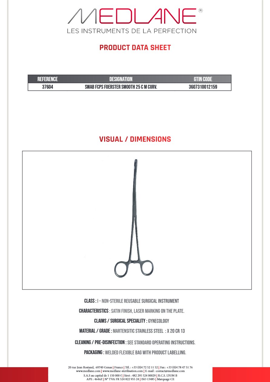 Pince Pansem Foerster Lisse 250 mm Courbe — REF 37604