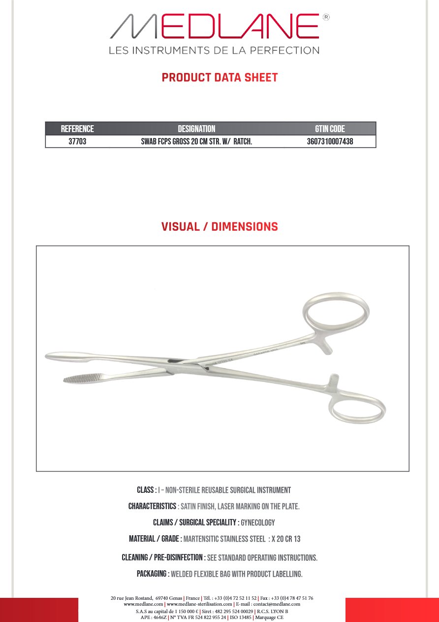Photo produit MEDLANE : Pince Pansem Gross 200 mm Droit a Crémaillère, référence 37703P