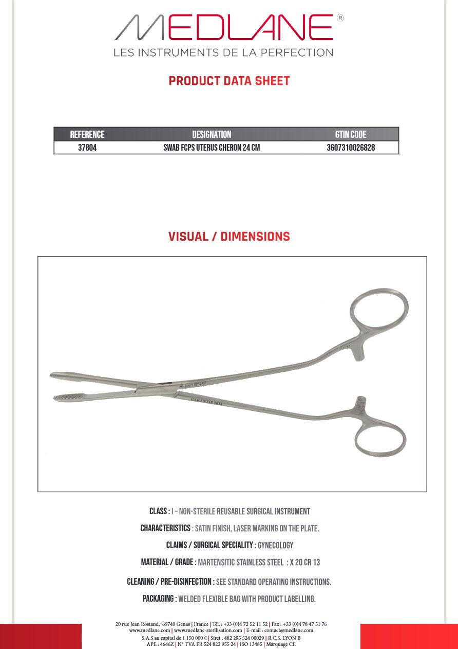Photo produit MEDLANE : Pince Pansem Longuette 240 mm Coudé Cheron, référence 37804P
