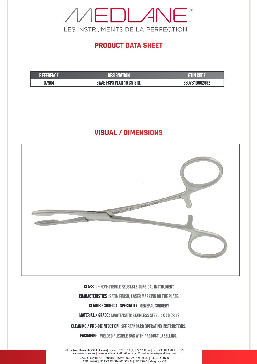 Pince Pansem Pean 160 mm Droit — REF 37904P