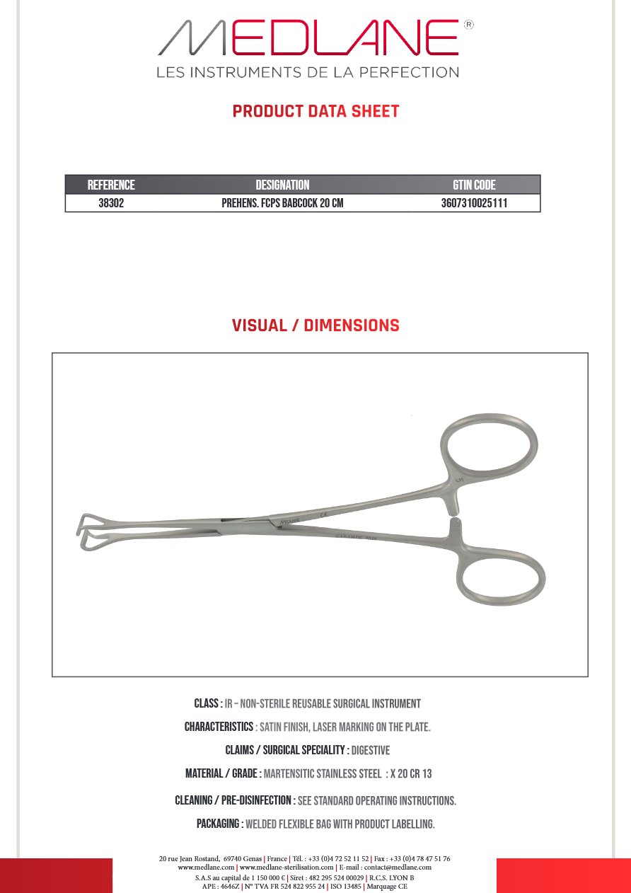 Photo produit MEDLANE : Pince Préhension Ajouré Babcock 200 mm, référence 38302P