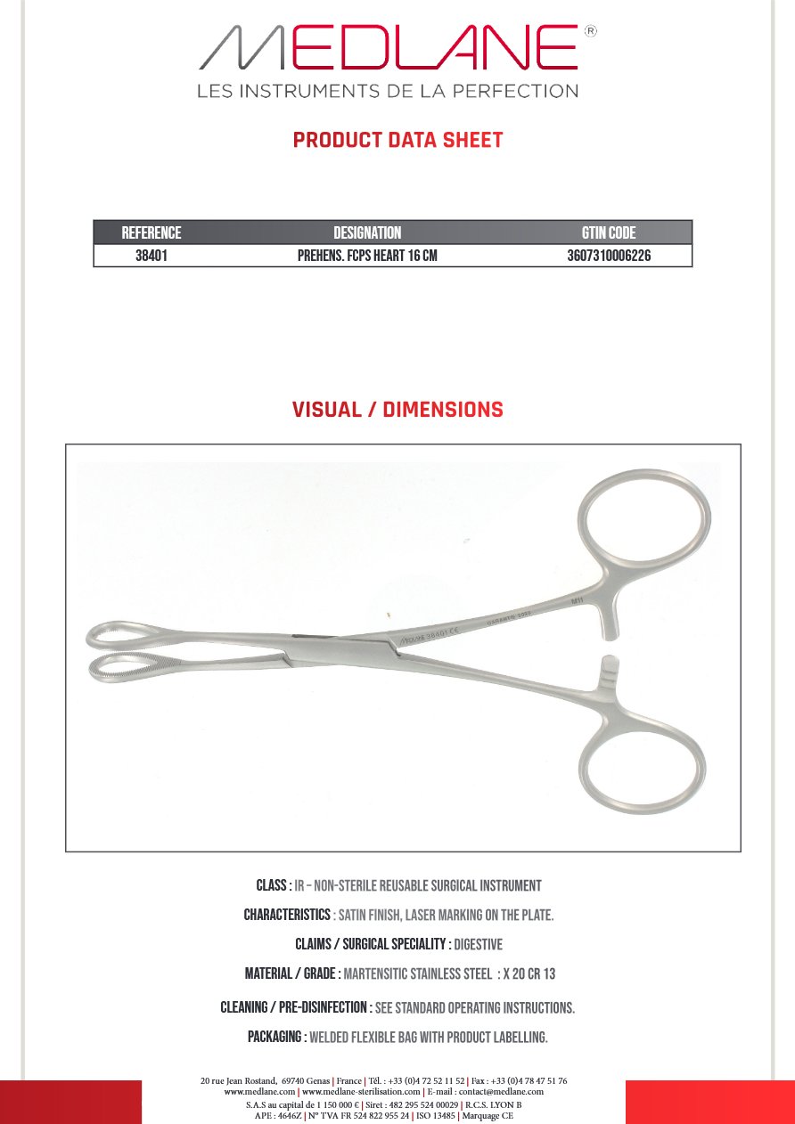 Photo produit MEDLANE : Pince Préhension Ajouré Coeur 160 mm, référence 38401P