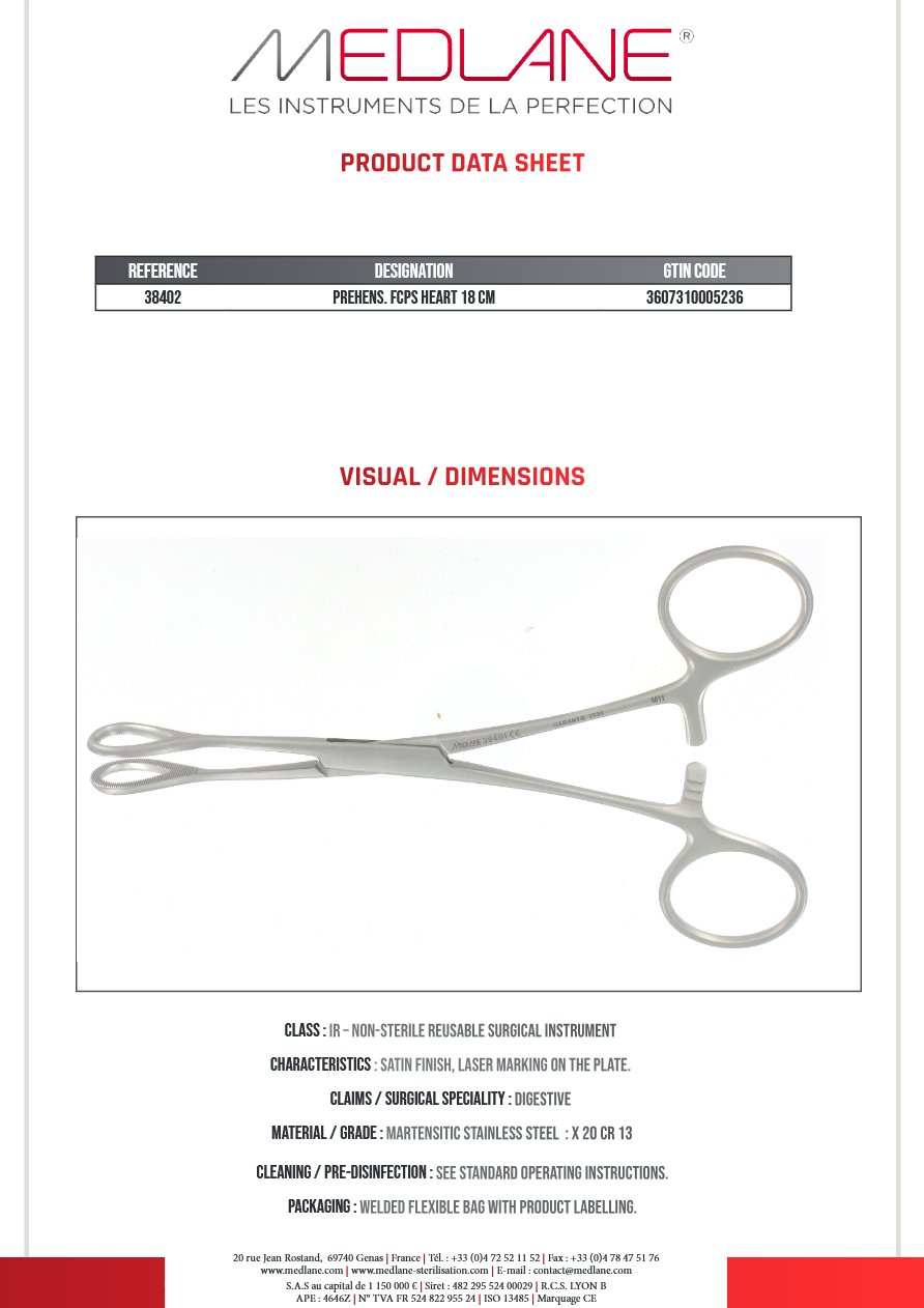 Photo produit MEDLANE : Pince Préhension Ajouré Coeur 180 mm, référence 38402P