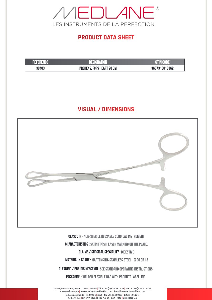 Photo produit MEDLANE : Pince Préhension Ajouré Coeur 200 mm, référence 38403P