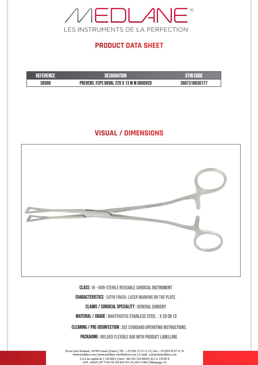 Photo produit MEDLANE : Pince Préhension Ajouré Duval 220 X 13 mm Strie, référence 38508P