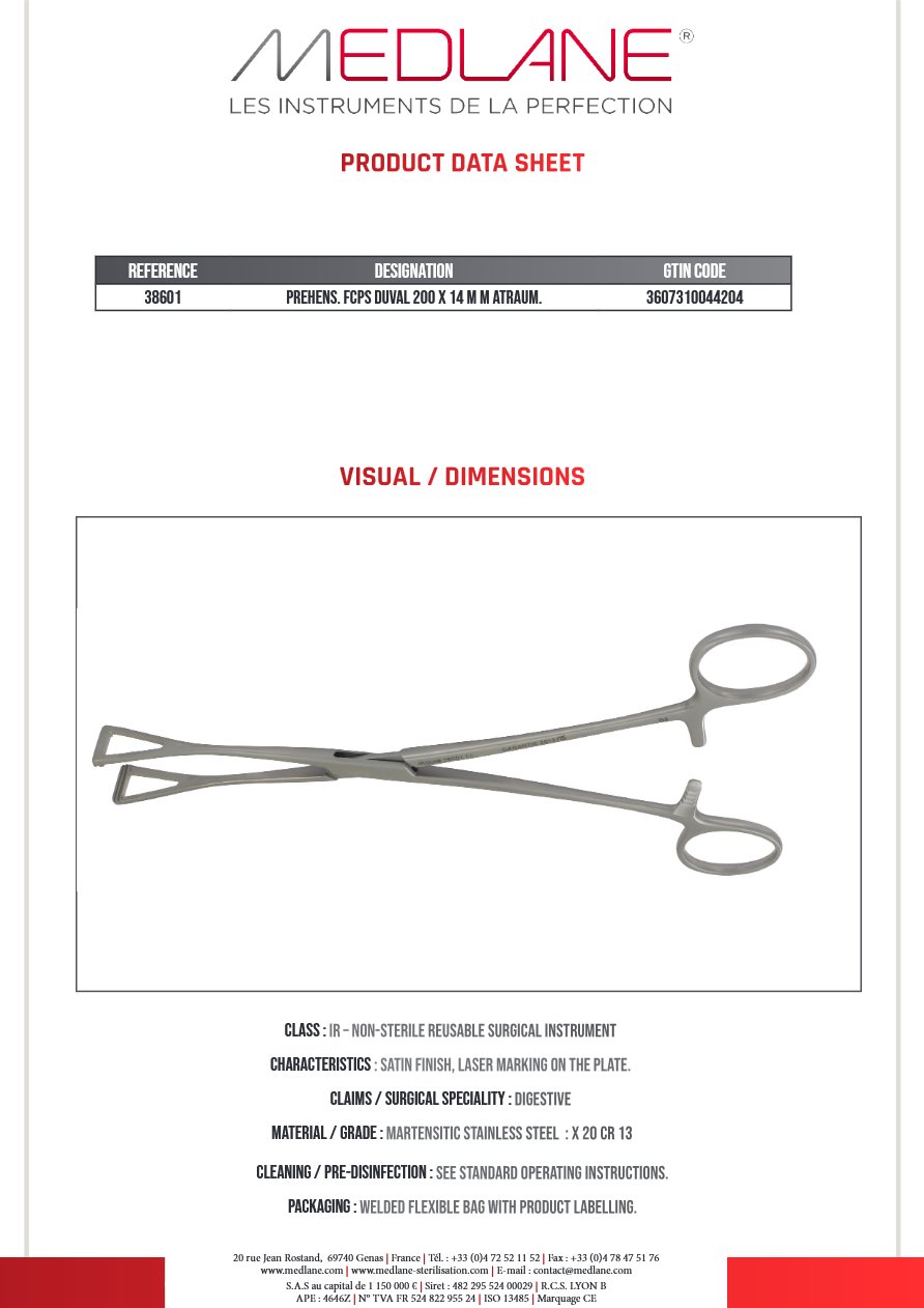 Photo produit MEDLANE : Pince Préhension Ajouré Duval 200 X 14 mm Atraum, référence 38601P