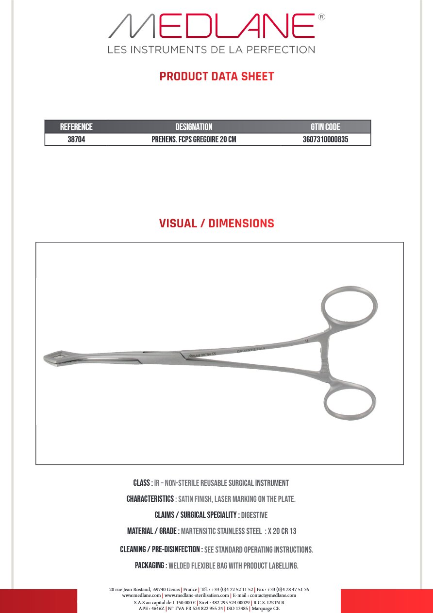 Photo produit MEDLANE : Pince Préhension Ajouré Gregoire 200 mm, référence 38704P