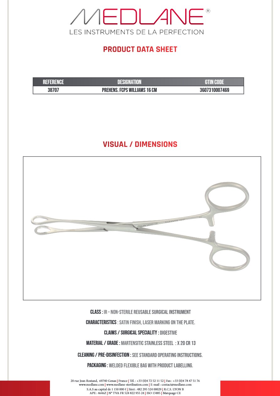 Photo produit MEDLANE : Pince Préhension Ajouré Williams 160 mm, référence 38707P