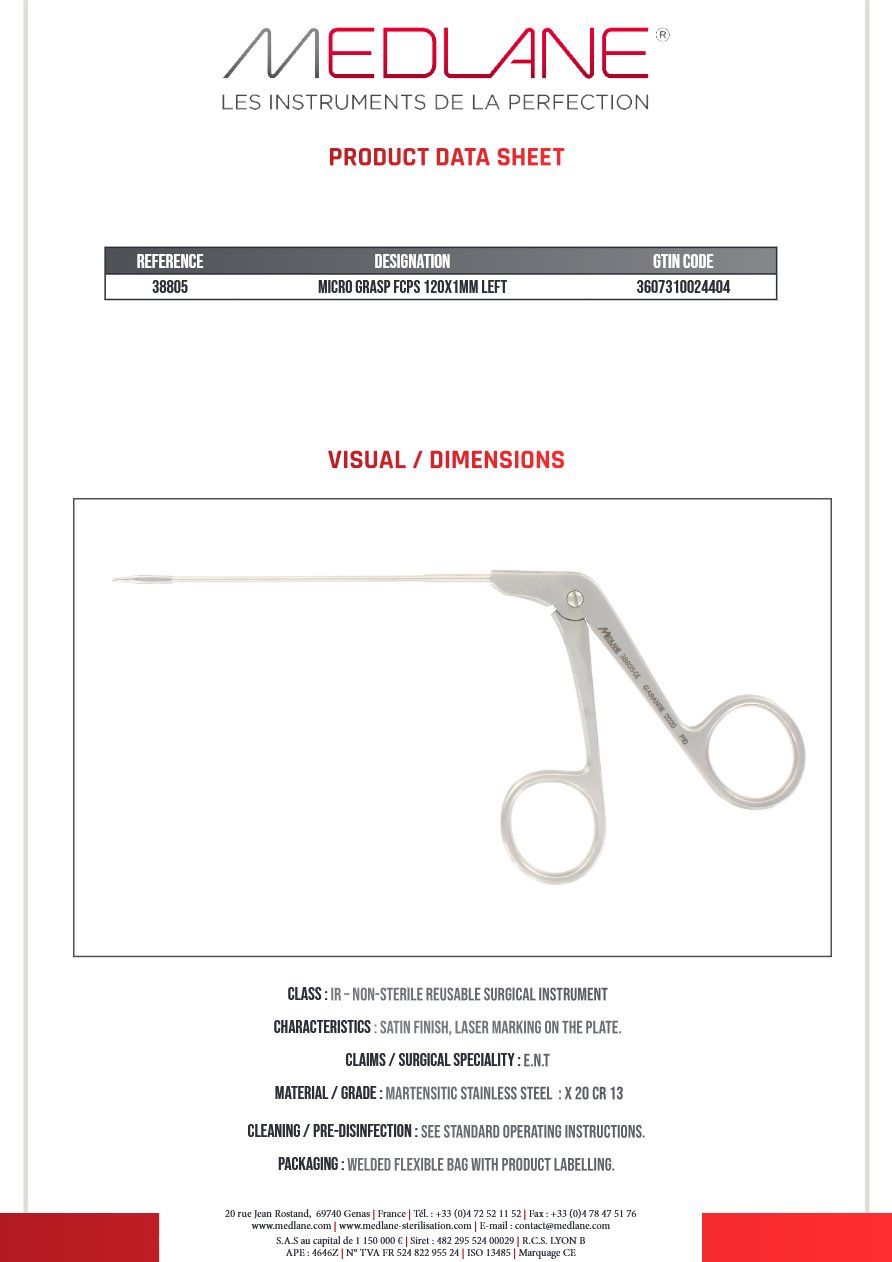 Pince O.R.L. Otologie Micro 120 X 1 mm Mors Strie Courbe a Gauche — REF 38805