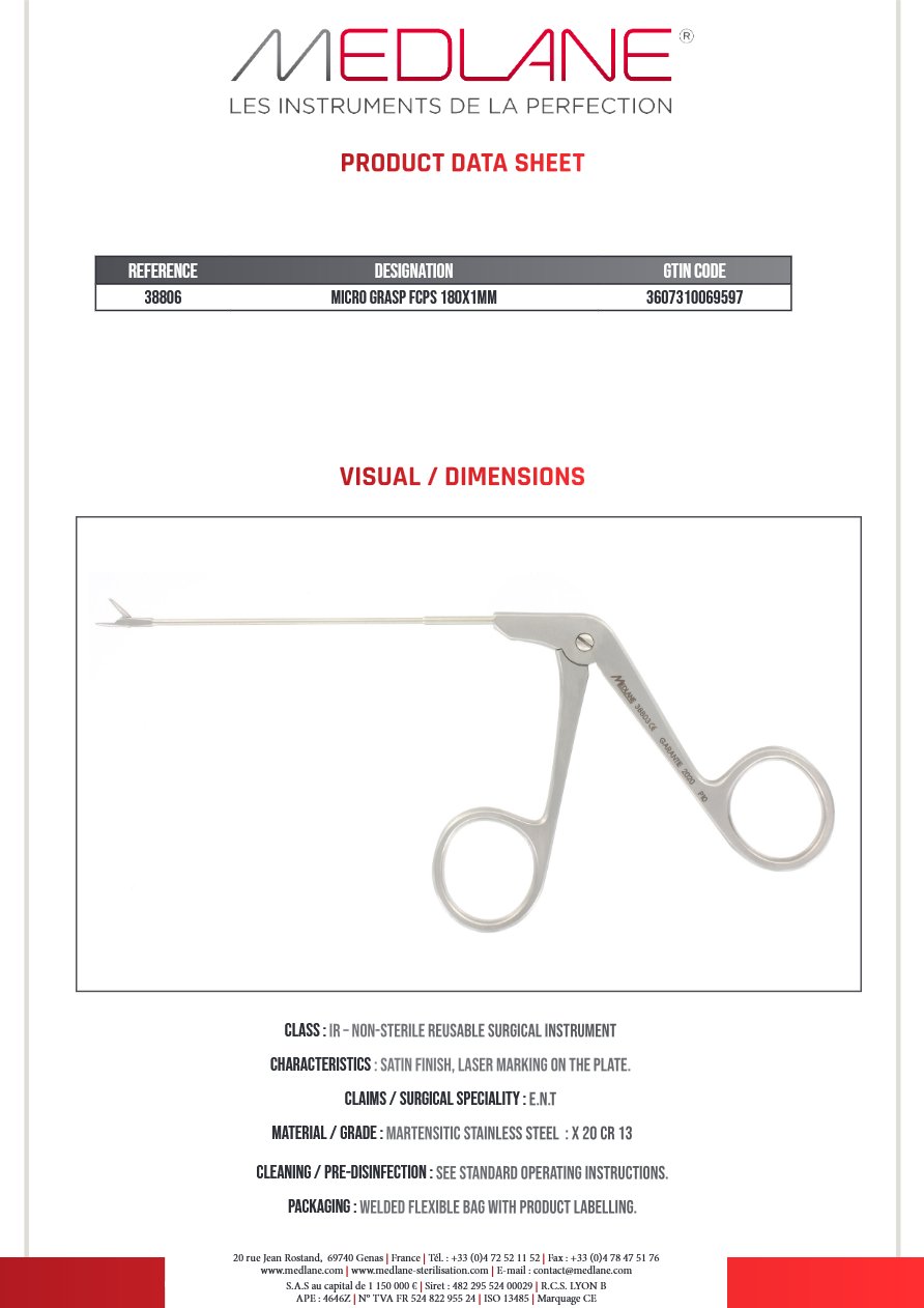 Pince O.R.L. Otologie Micro 180 X 1 mm Mors Strie Droit — REF 38806