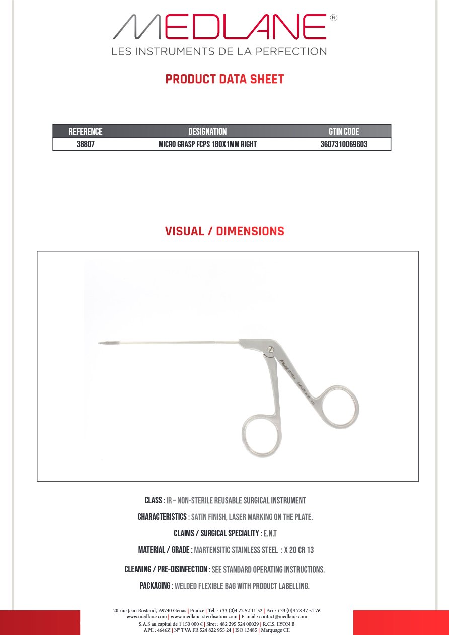 Pince O.R.L. Otologie Micro 180 X 1 mm Mors Strie Courbe a Droite — REF 38807