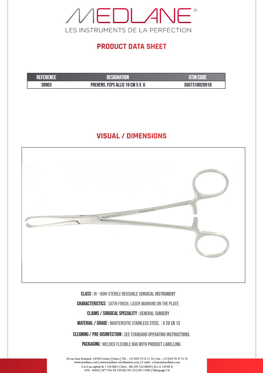 Photo produit MEDLANE : Pince Préhension Multigriffes Allis 190 mm 5 X 6, référence 38903P