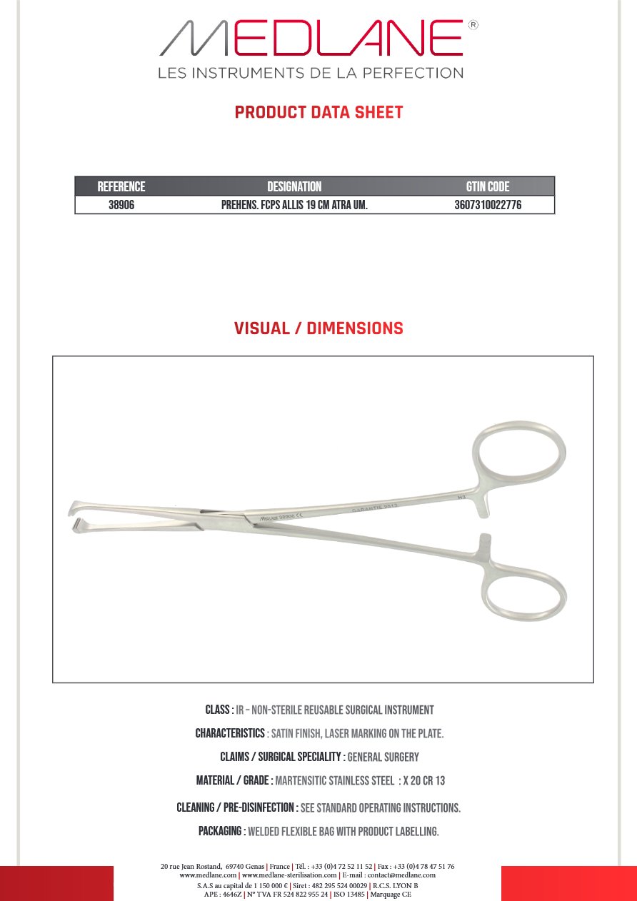 Photo produit MEDLANE : Pince Préhension Multigriffes Allis 190 mm Atrauma, référence 38906P