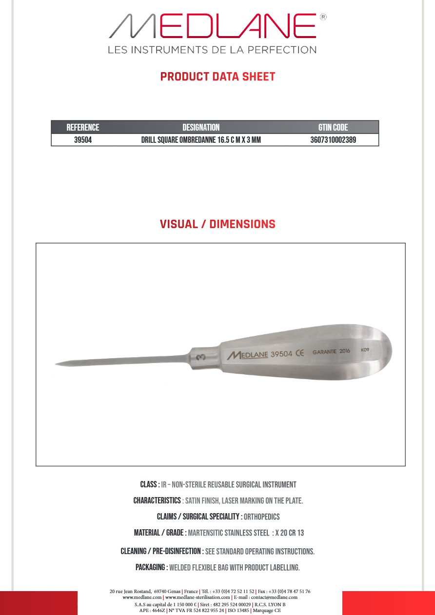 Photo produit MEDLANE : Pointe Carree Ombredanne 165 X 3 mm, référence 39504P