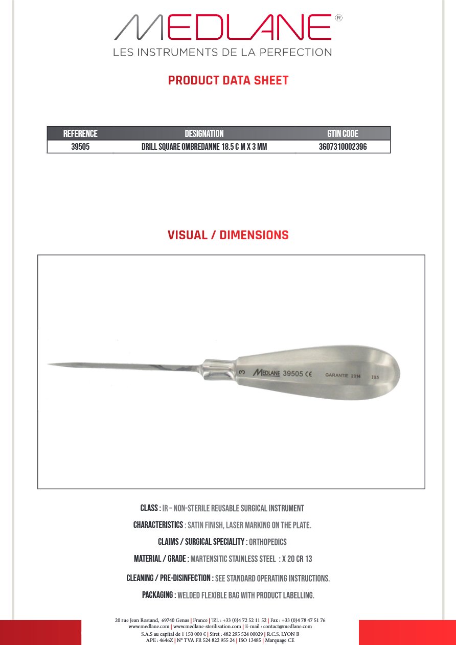 Photo produit MEDLANE : Pointe Carree Ombredanne 185 X 3 mm, référence 39505P