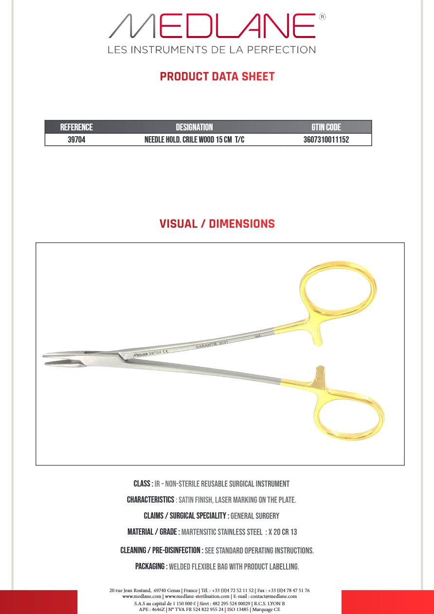 Photo produit MEDLANE : Porte Aiguille Crile Wood 150 mm Tungstène, référence 39704P