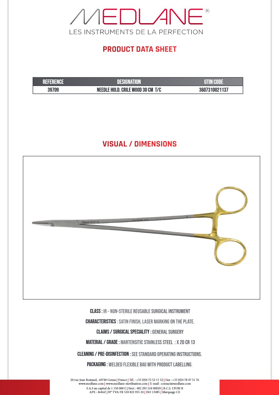 Photo produit MEDLANE : Porte Aiguille Crile Wood 300 mm Tungstène, référence 39709P