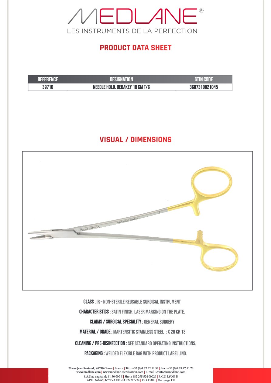 Photo produit MEDLANE : Porte Aiguille Debakey 180 mm Tungstène, référence 39710P