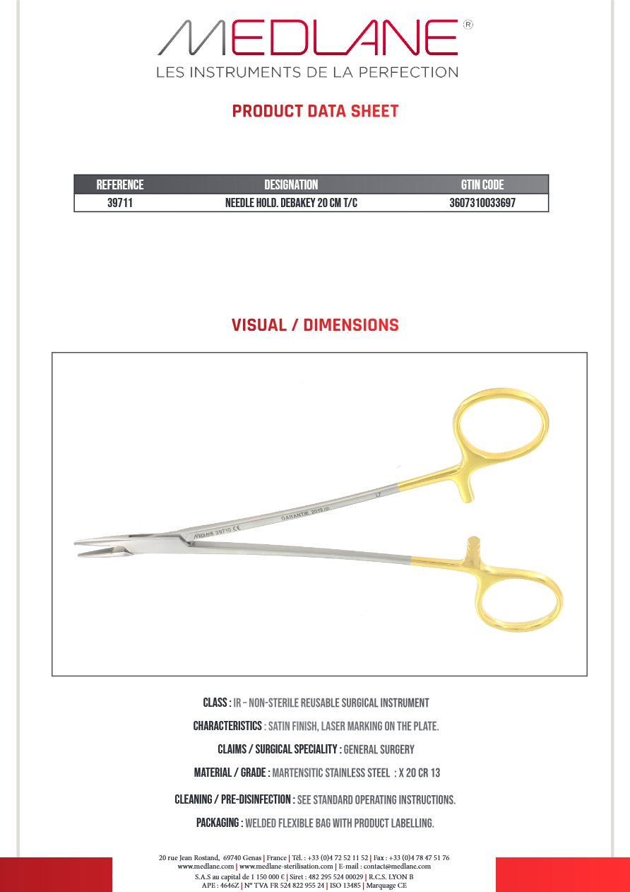 Photo produit MEDLANE : Porte Aiguille Debakey 200 mm Tungstène, référence 39711P