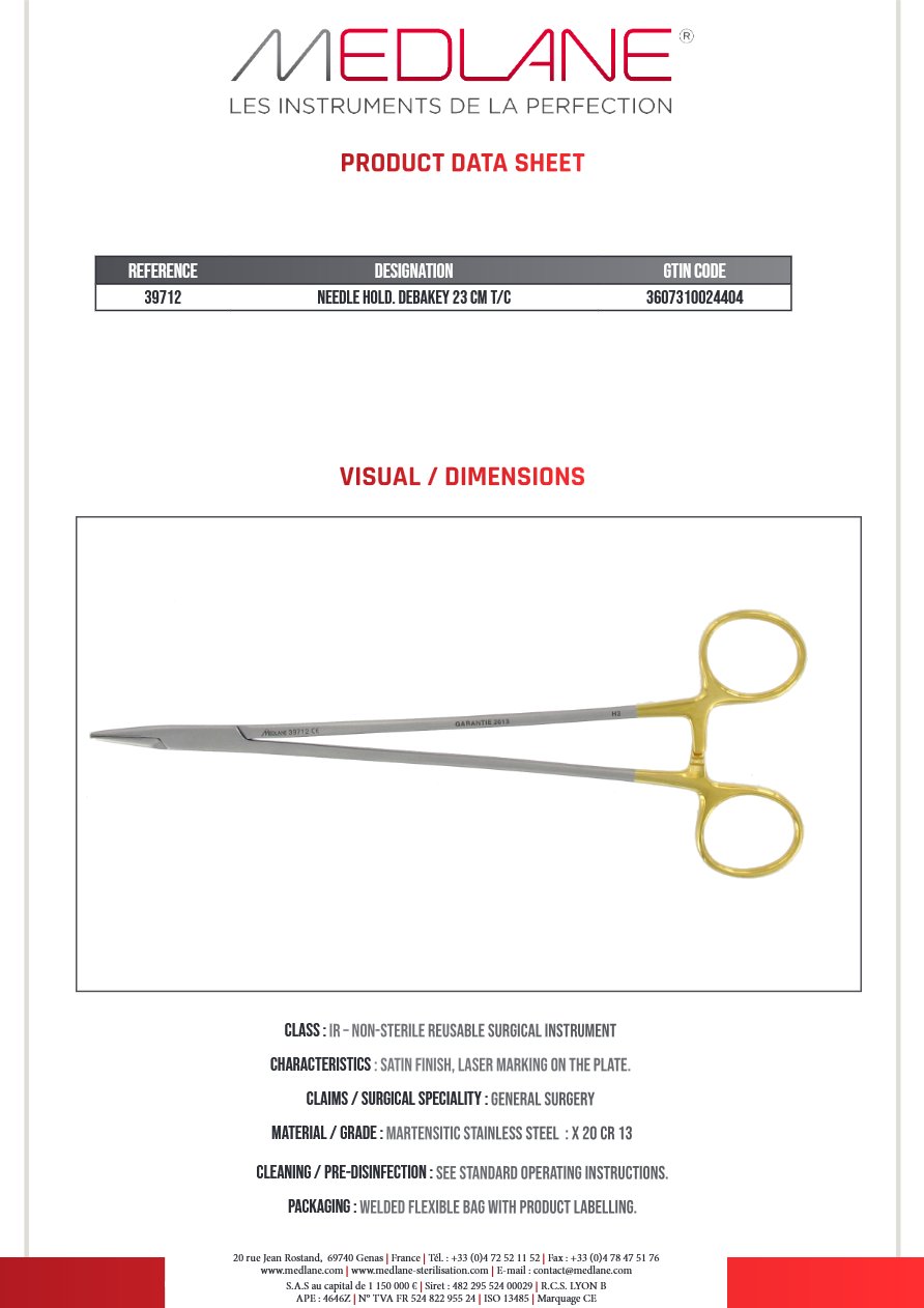 Silhouette complète d'un porte-aiguille DeBakey MEDLANE : Porte Aiguille Debakey 230 mm Tungstène, référence 39712P