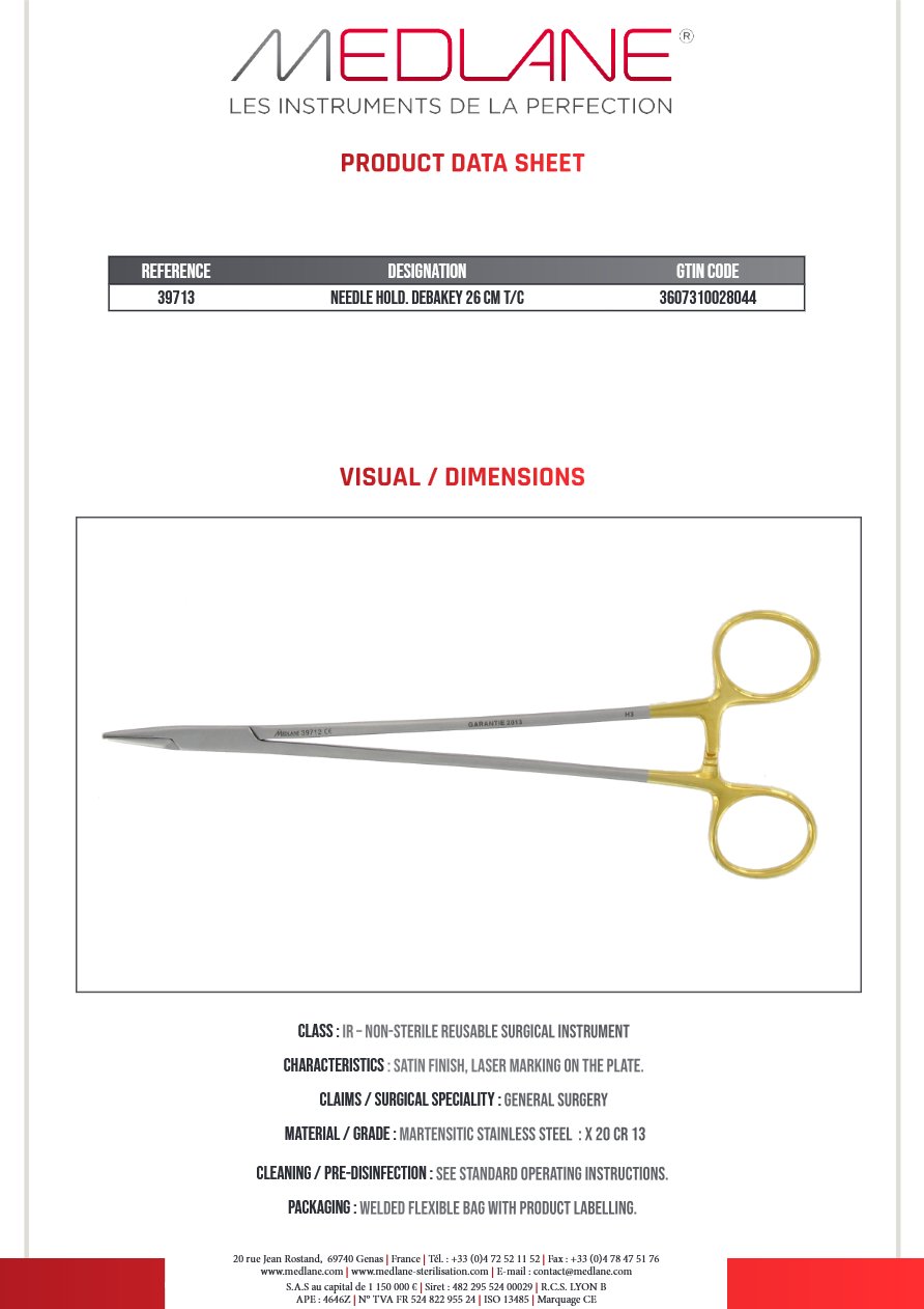 Photo produit MEDLANE : Porte Aiguille Debakey 260 mm Tungstène, référence 39713P