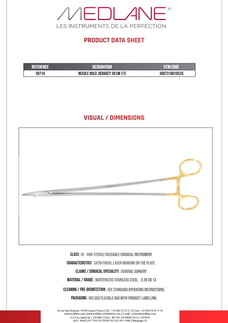 Photo produit MEDLANE : Porte Aiguille Debakey 300 mm Tungstène, référence 39714P