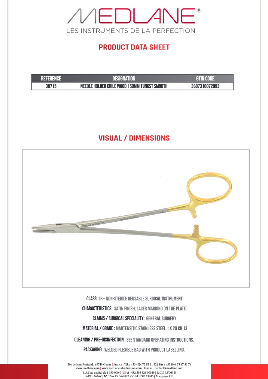 Porte Aiguille Crile Wood 150 mm Tungstène Lisse — REF 39715