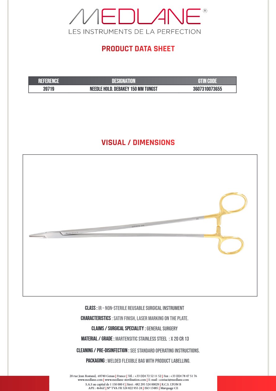 Photo produit MEDLANE : Porte Aiguille Debakey 150 mm Tungstène, référence 39719