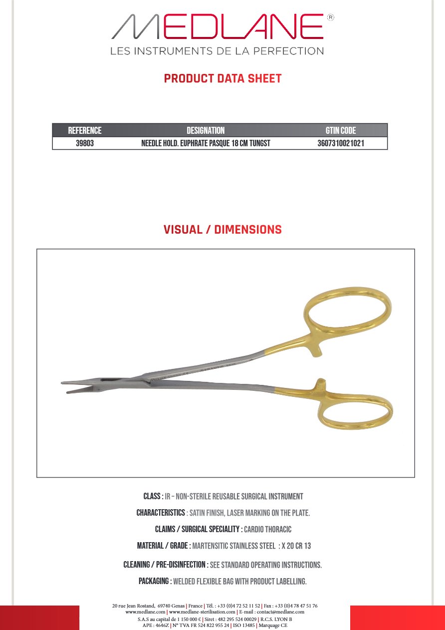Porte Aiguille Euphrate Pasque 180 mm Tungstène — REF 39803
