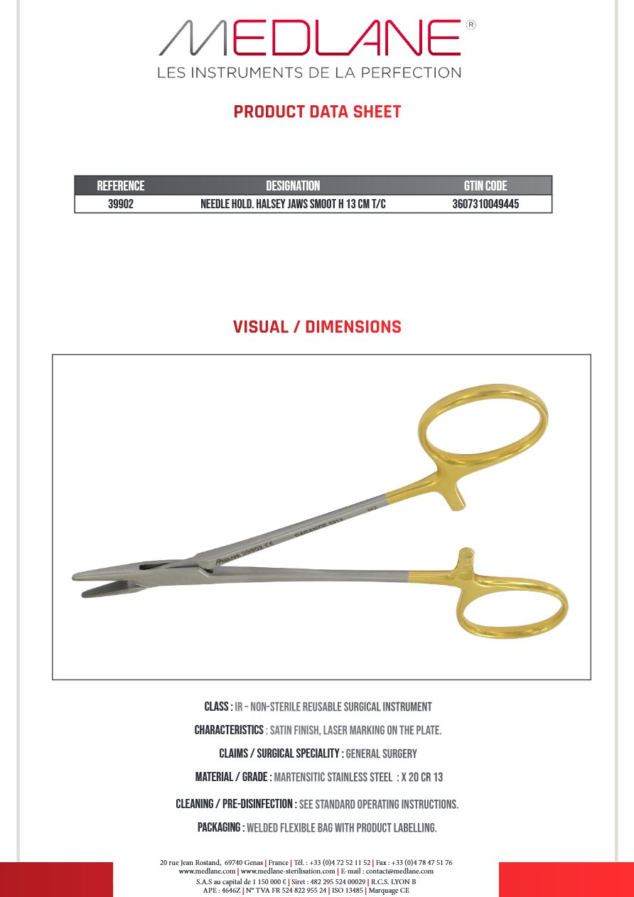 Photo produit MEDLANE : Porte Aiguille Halsey 130 mm Tungstène Lisse, référence 39902P